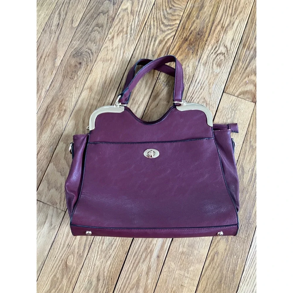 Elegant‎ Burgundy Top Handle Satchel Bag with Shoulder Strap Gold Hardware